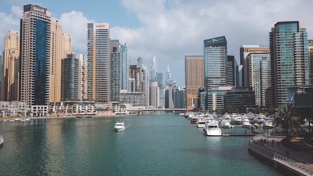 Stunning view of Dubai Marina with luxury yachts and modern skyscrapers under a clear sky.