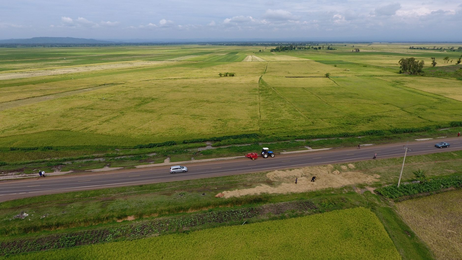 A scenic aerial view showing vast lush fields and a road in Kirinyaga County, Kenya.