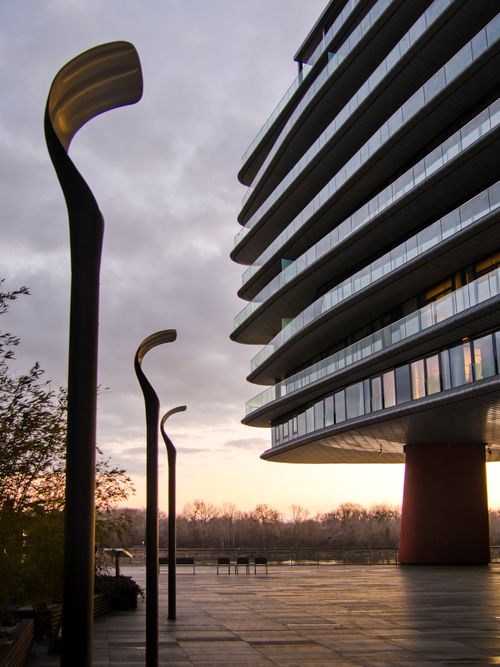 Free Futuristic building facade in Bratislava at sunrise, showcasing geometric design and modern architecture. Stock Photo