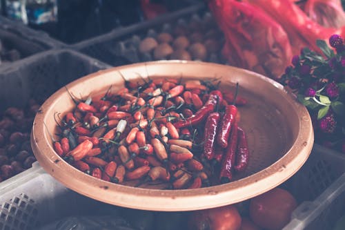 Free Red Chillis on Brown Wooden Tray Stock Photo