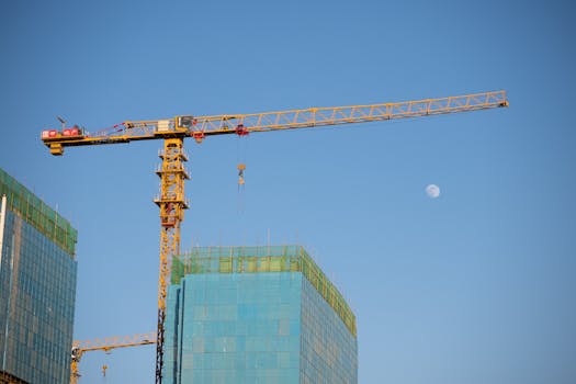Tower crane and skyscraper under construction against a clear evening sky with the moon.
