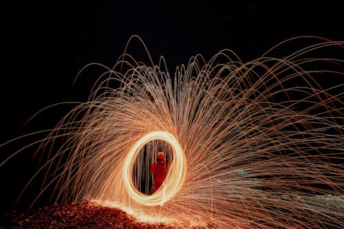 A Long Exposure of a Man Spinning a Burning Steel Wool