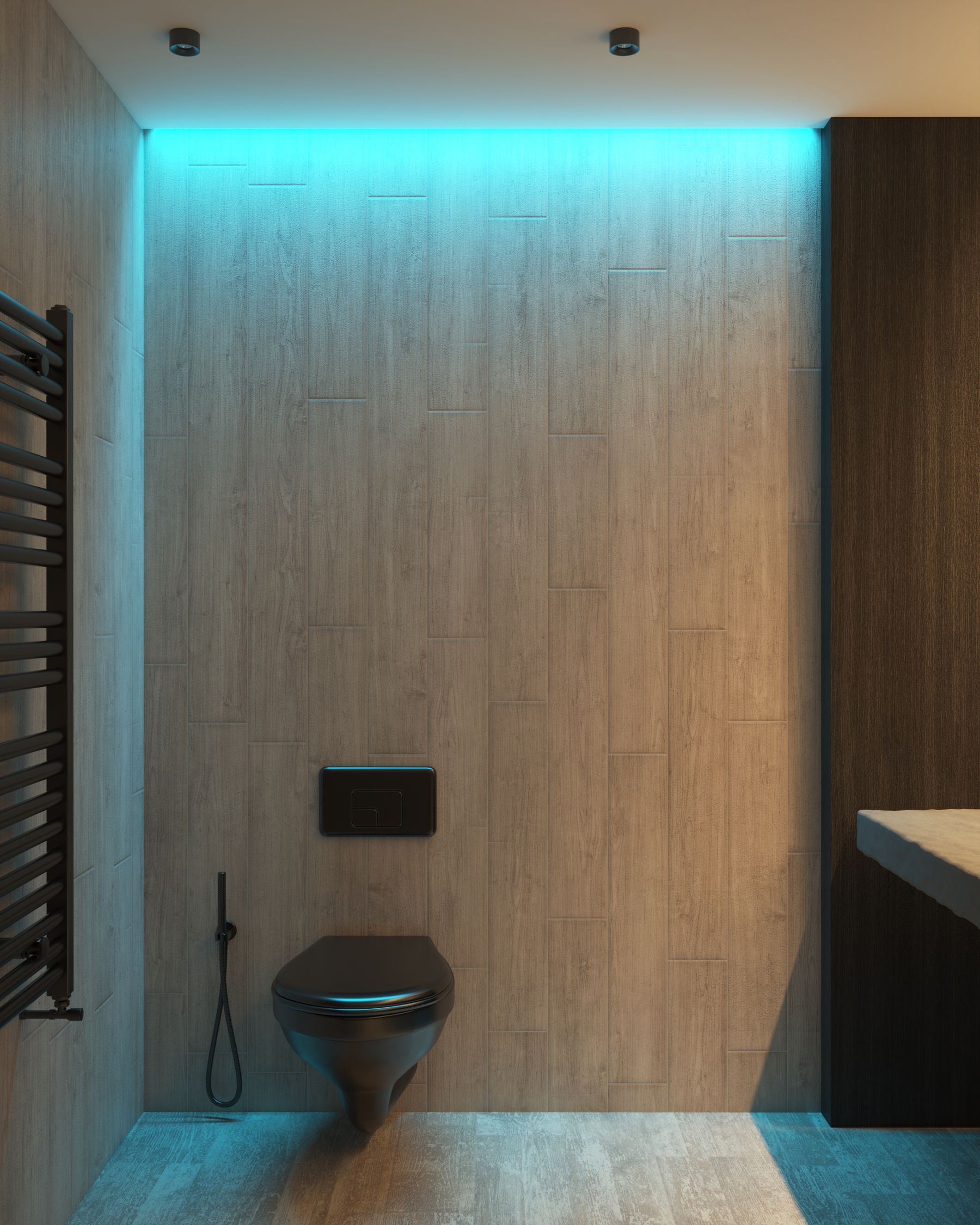 Contemporary bathroom with expressive stone surfaces, modern fixtures and layered ambient lighting