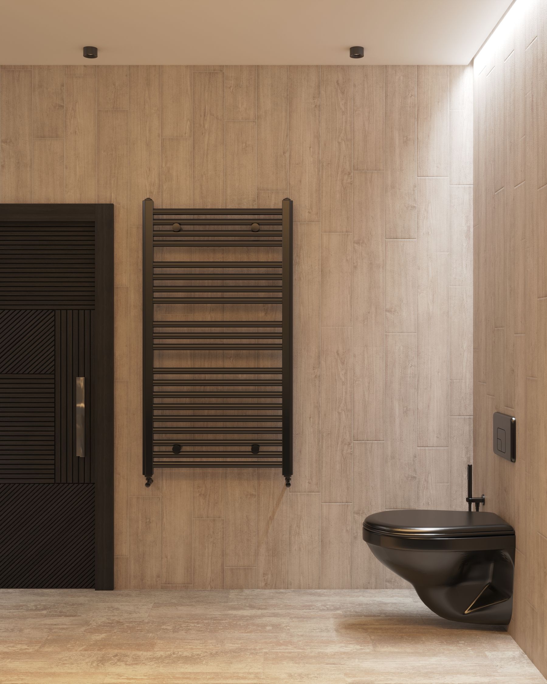 Minimalist bathroom with black toilet and dark contemporary finishes
