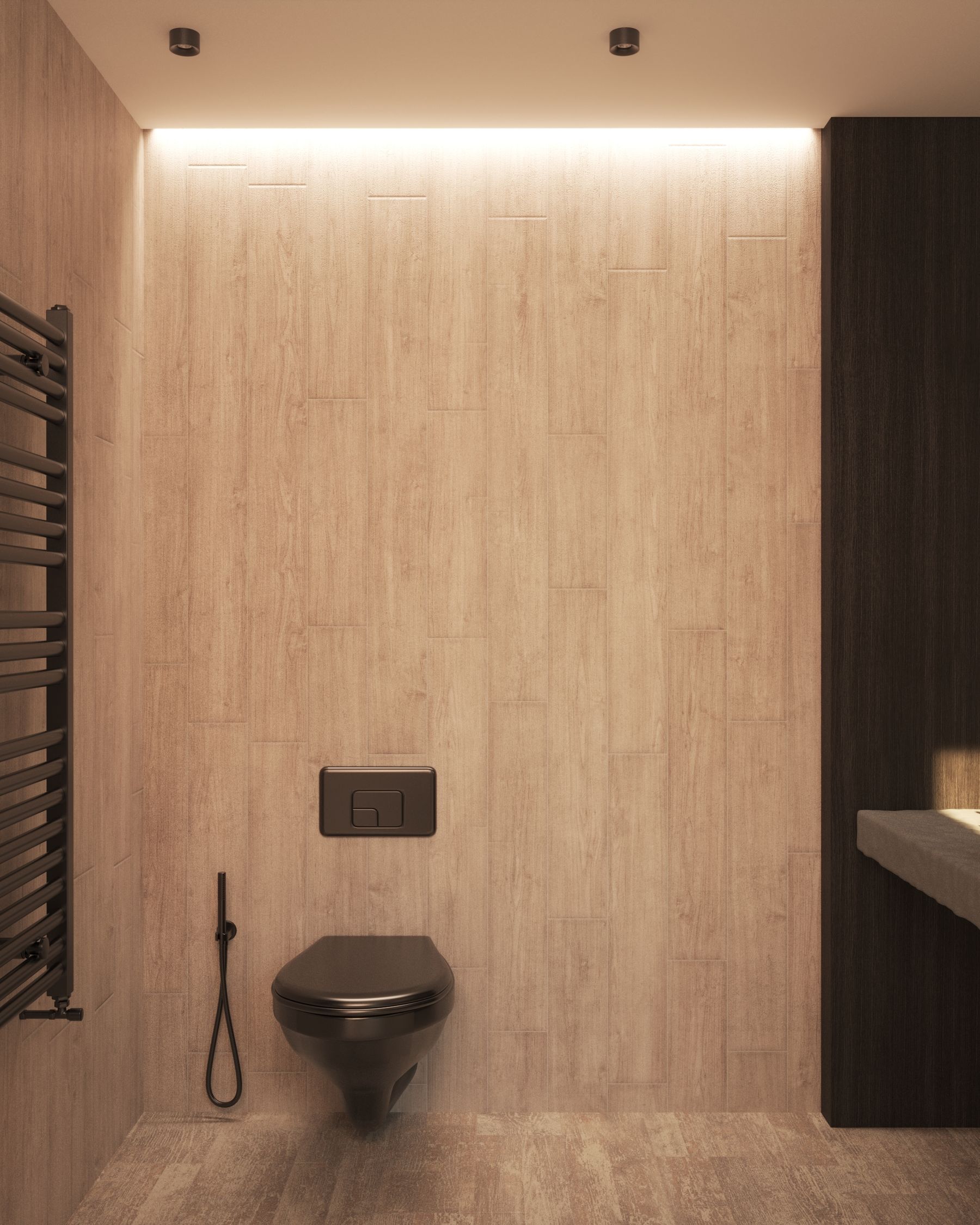 Modern bathroom with pale mineral surfaces and warm neutral materials