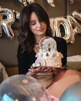 A young woman holding a birthday cake with balloons and decorations in a festive indoor setting.