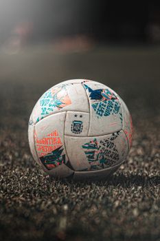 Detailed view of a soccer ball on a grassy field, perfect for sports themes.