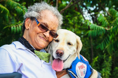 Happy senior woman hugging her guide dog outdoors on a sunny day.