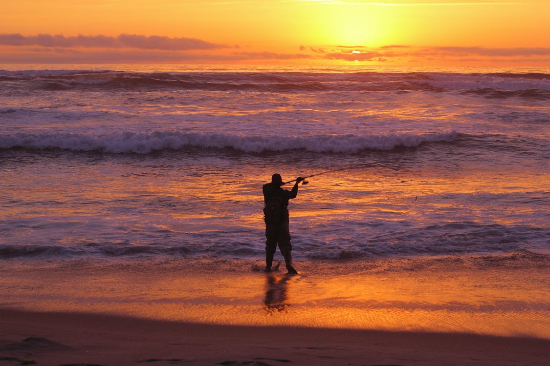 Silhouette of a Person Fishing on the Sea during Sunset

