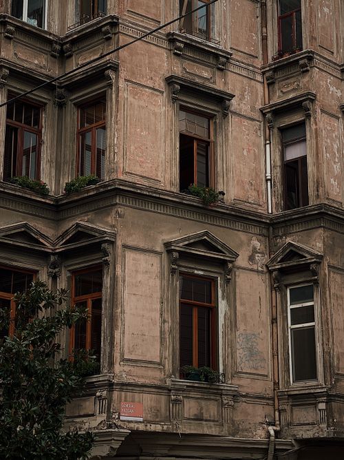 Free Close-up of an aged, historic building facade in Istanbul showcasing classic architectural details. Stock Photo