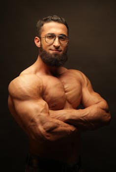 Confident muscular man posing shirtless with glasses in an indoor studio setting.