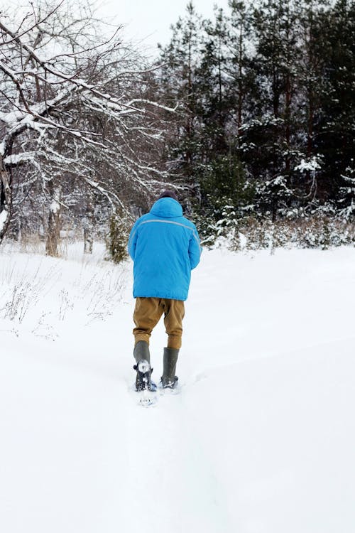 Free Person in Blue Hoodie Walking on Snow Covered Ground Stock Photo