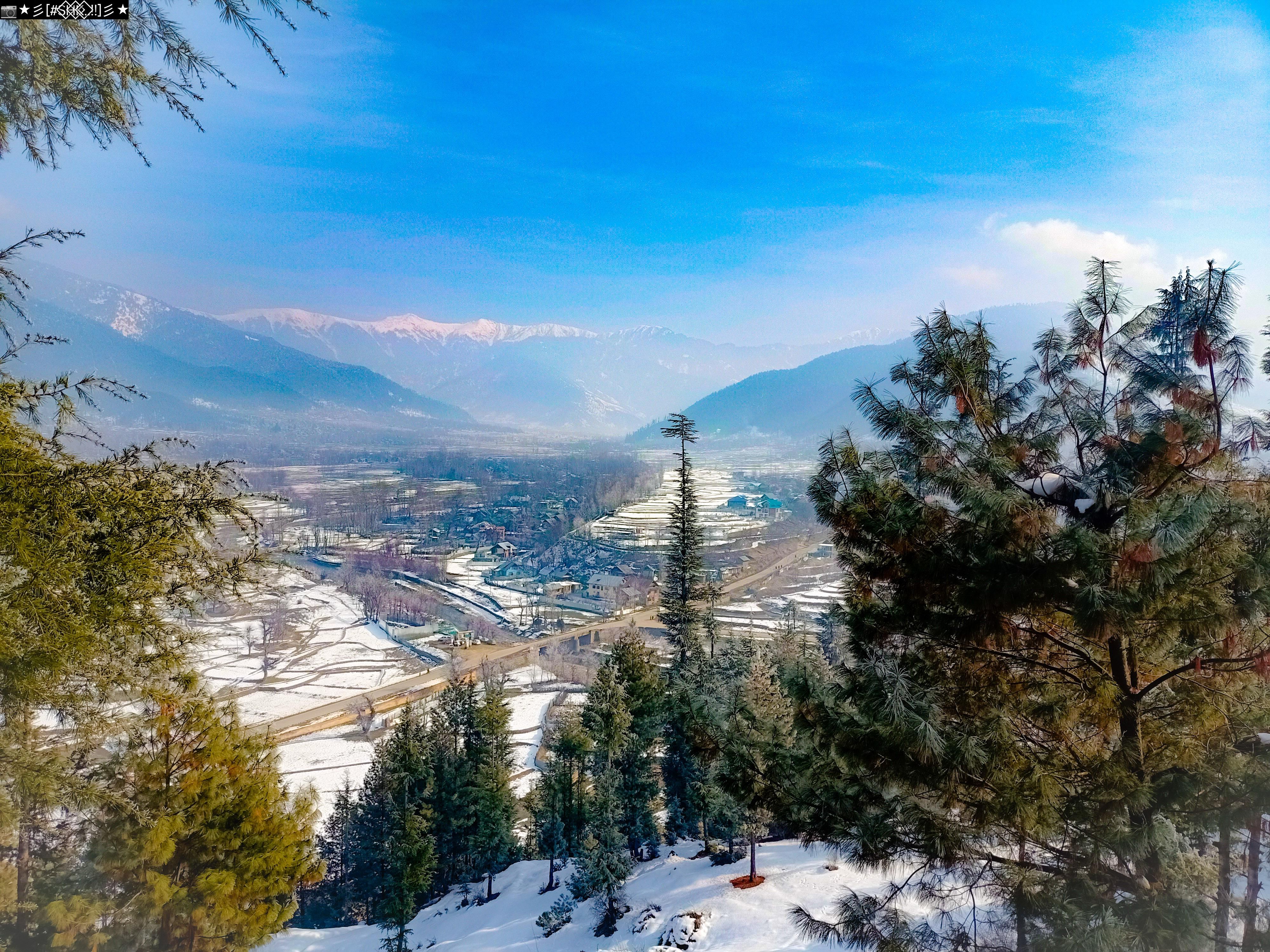 Experience the breathtaking snowy landscape of Kupwara with mountain views and pine trees.