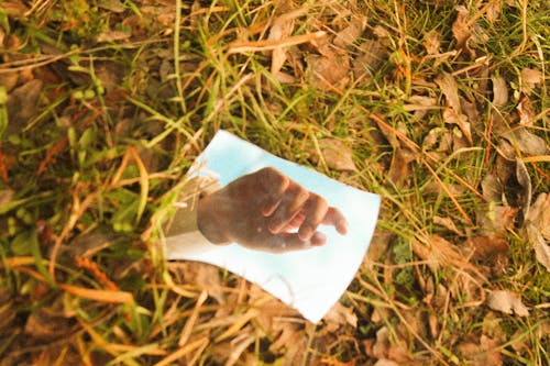 Reflection of Hand in Broken Mirror on Grass With Dry Leaves