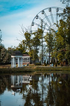 美丽的公园里，摩天轮倒映在宁静的湖面上