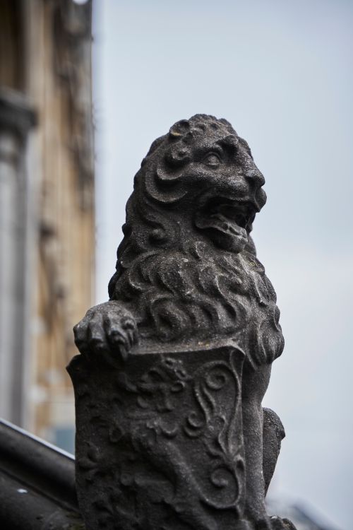 Free A detailed stone sculpture of a lion in a historic architectural setting, capturing traditional craftsmanship. Stock Photo