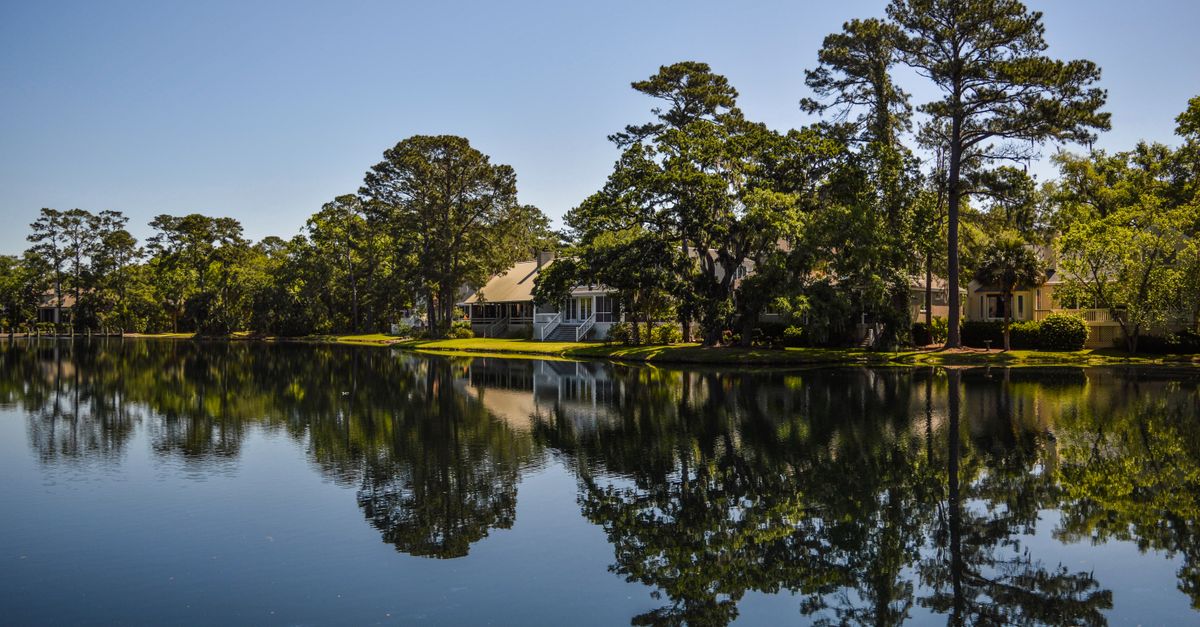 Beautiful lakeside homes surrounded by trees reflecting in calm waters under a clear sky.