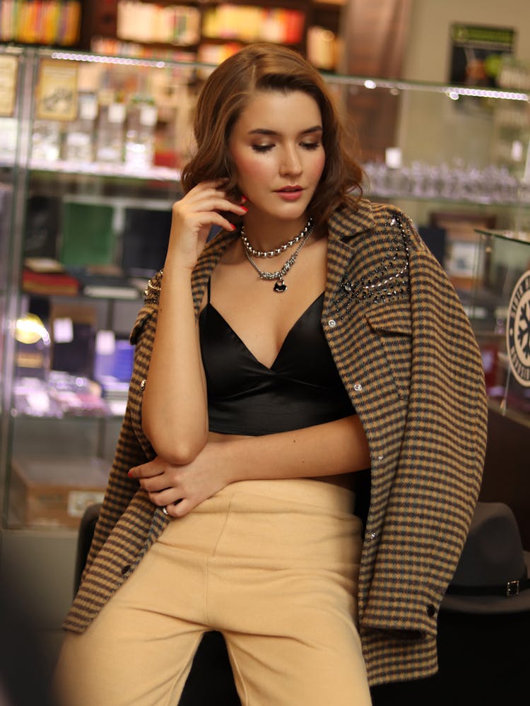 Beautiful Woman In Brown Houndstooth Jacket