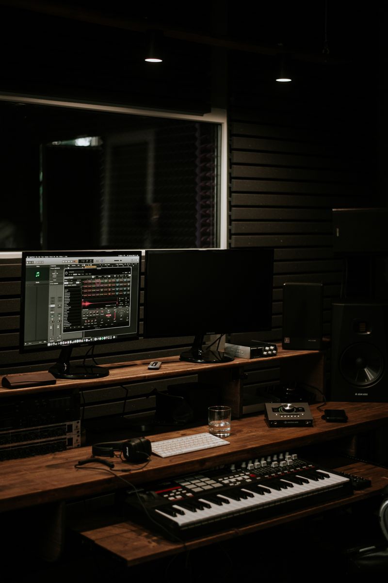 A sleek and modern music studio setup featuring computer monitors and audio equipment in a dark setting.
