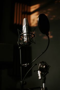 Close-up of professional microphone with pop filter in a dimly lit recording studio.