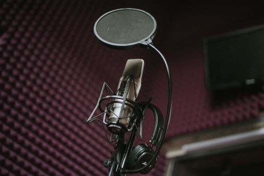 High-quality microphone and pop filter setup in a soundproof music studio.