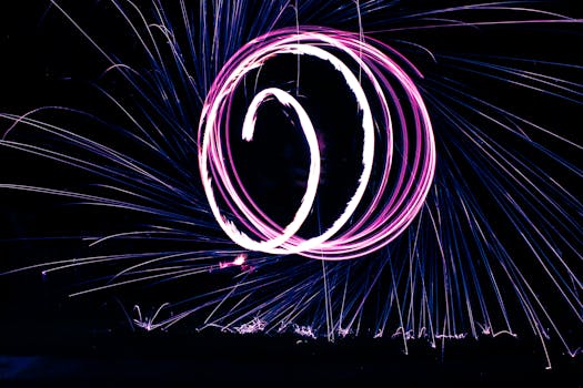 Dynamic light painting with vivid colors and motion effects captured at night.