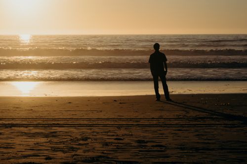 Free A person standing on a sandy beach watching the sunset over the ocean waves. Stock Photo