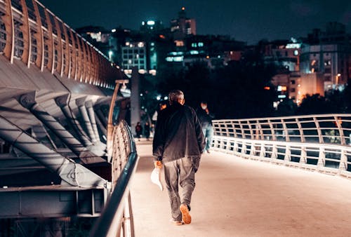 People Walking on Bridge in Night City