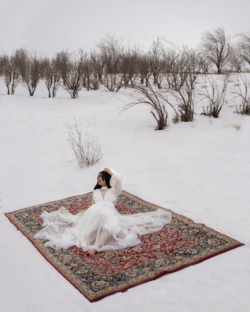 Free A Woman in Sitting on a Carpet over the Snow Stock Photo