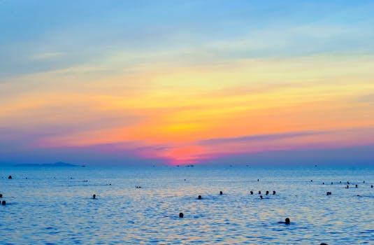 在热带海洋中，游泳者的剪影与五颜六色的日落共同营造出一片宁静的海滩景象