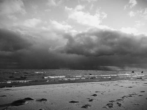 Foto d'estoc gratuïta de ennuvolat, escala de grisos, mar
