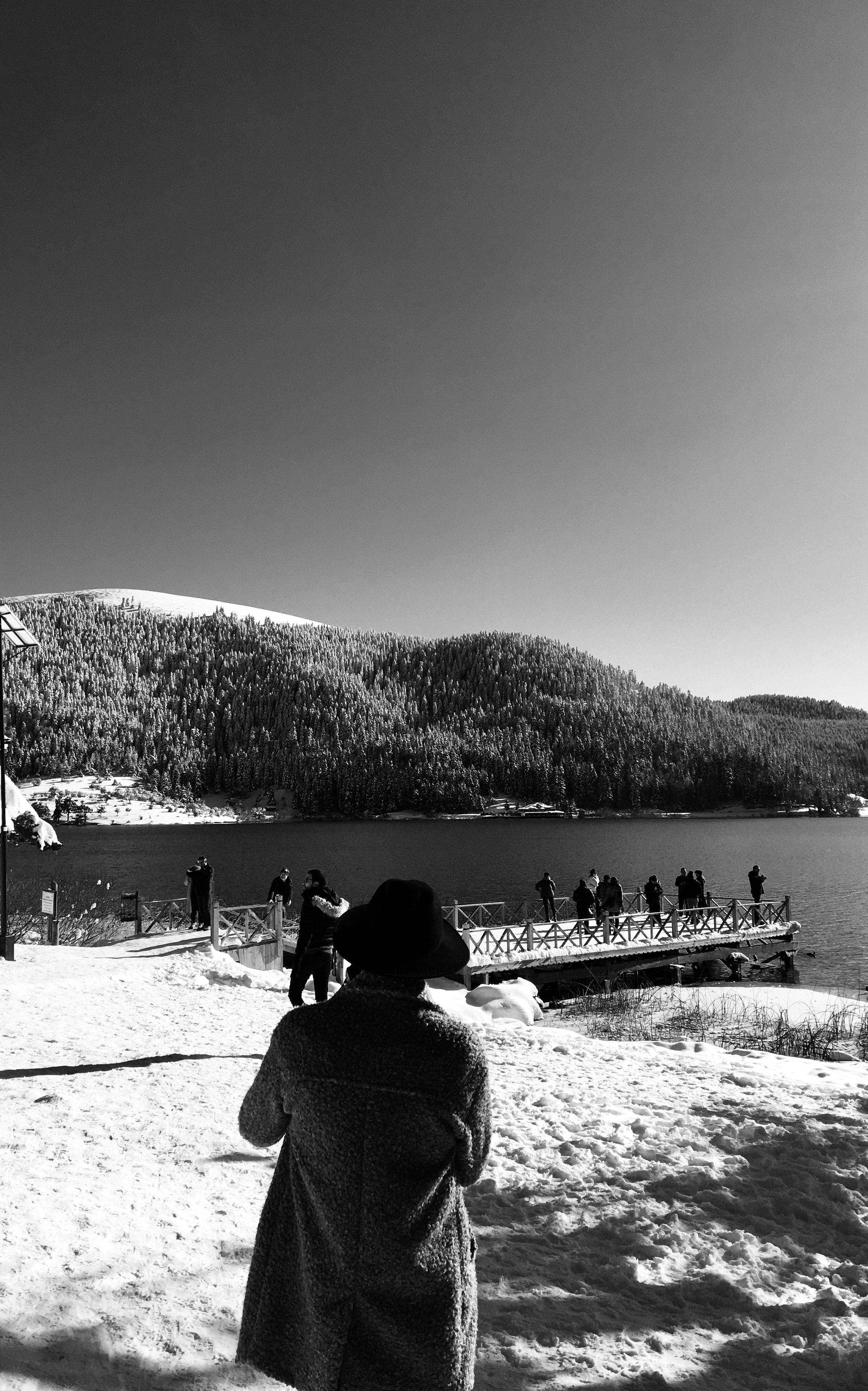Black and white winter scene featuring a lake, snowy hills, and people on a pier.