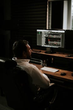 Businessman focused on work, analyzing data on dual monitors in tech office.
