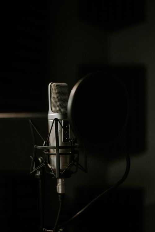 Free Studio microphone with pop filter in a dimly lit recording setup. Stock Photo