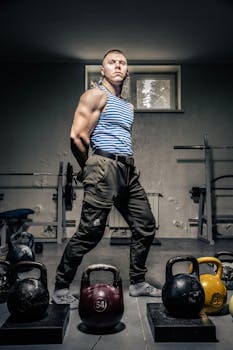 Athletic man in a gym surrounded by kettlebells, showcasing strength.