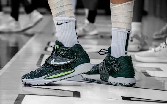 Dynamic shot of athletic sneakers during a basketball game on an indoor court.