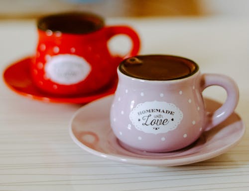 Coffee in Pink Polka Dot Mug on Saucer