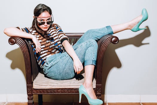 Fashionable teenager in sunglasses and heels lounging on a vintage chair indoors.