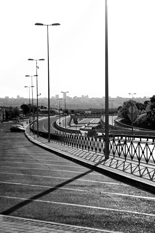 Grayscale Photo of Street Lights on the Road