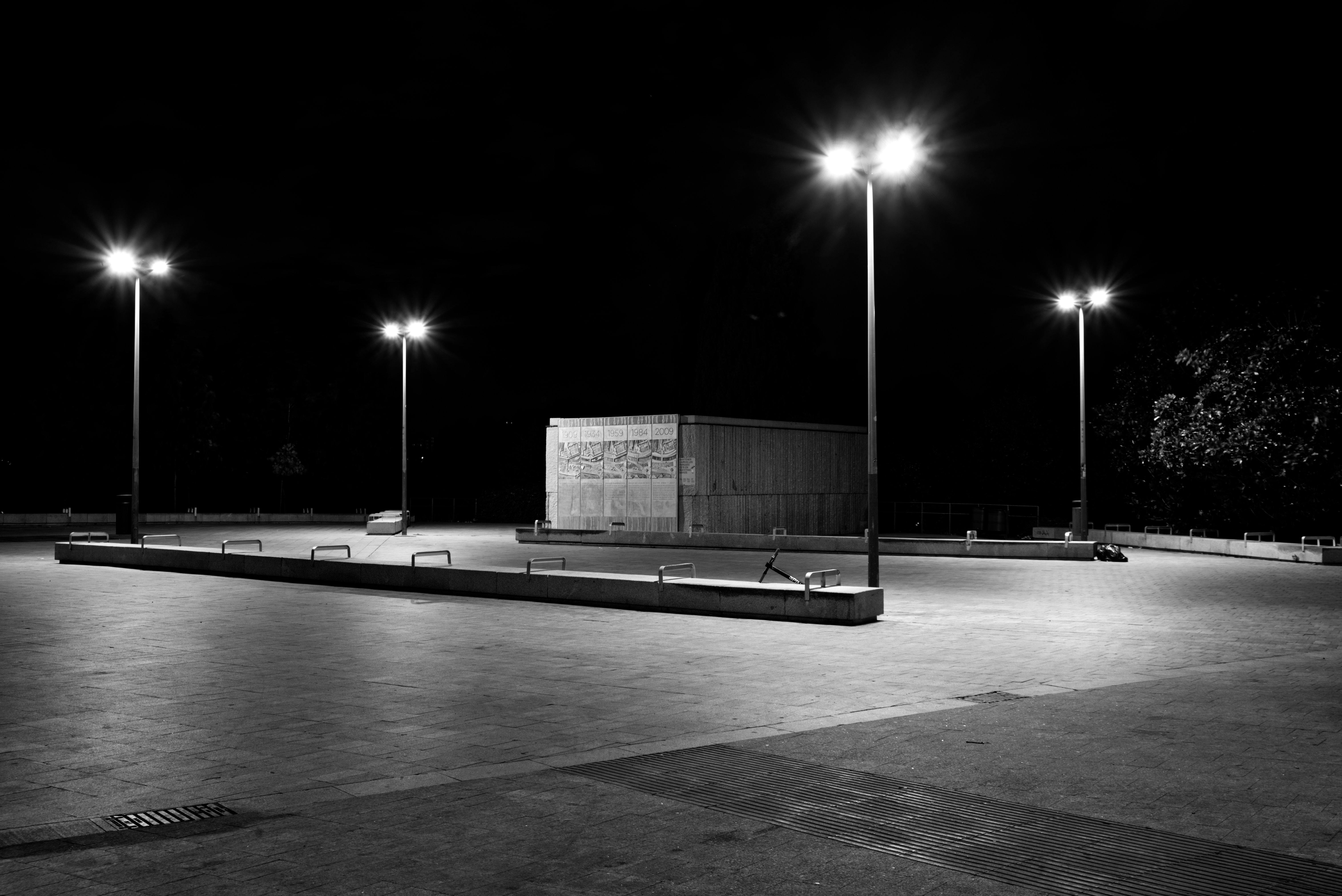grayscale photo of light posts