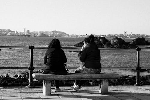 Women Sitting on Bench Looking at Cityscape
