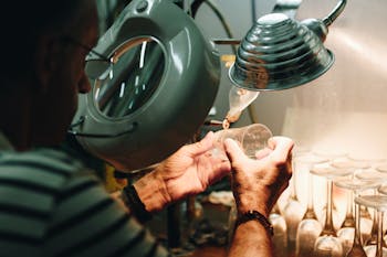 Man in White and Black Stripes Top While Making Drinking Glasses Using Grey Machine