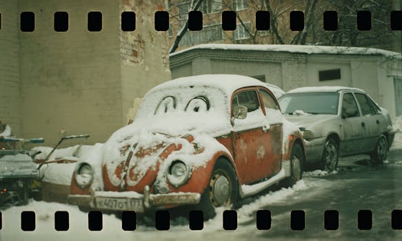 Classic VW Beetle covered in snow with drawn eyes, parked on a snowy street.