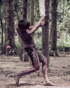 A boy plays cricket outdoors, wearing shorts, and hitting a ball with a bat.