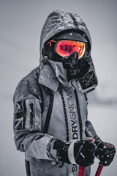 Skier equipped for winter sports in Gulmarg with snow falling around.