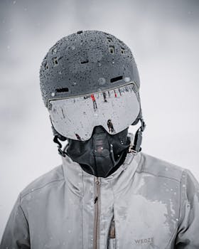 Close-up of a snowboarder with a helmet and reflective visor in snowy Gulmarg, Kashmir.