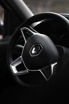 Detailed close-up of a Renault Clio steering wheel showcasing the brand logo.