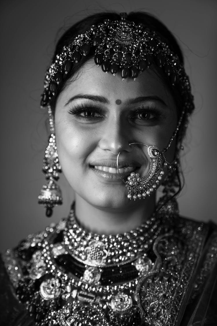 Smiling Hindu Woman In Wedding Diadem And Necklace