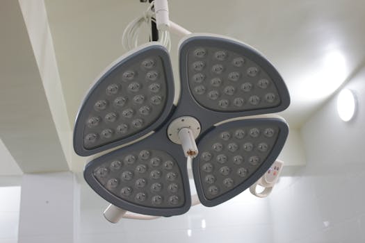 Close-up of a modern LED surgical lamp in a well-lit hospital room.