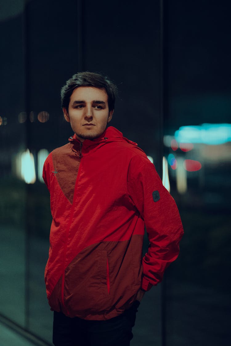 Brunette Young Man In Red Jacket